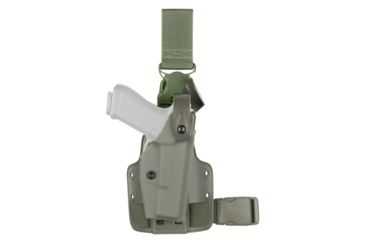 Image of Safariland SLS Tactical Holster w/ Quick Release Leg Harness, Right Hand, OD Green Leg Shroud Single Strap 6005-93-561-SP10