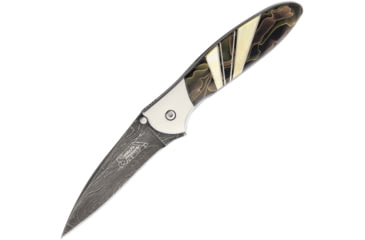 Image of Santa Fe Stoneworks Custom Leek Damascus Noble A/O Folding Knife, Custom Leek Framelock, 4in Closed, 3in, Synthetic Handle, Raffir Noble Brass And Bronze w/Gold Lip Pearl Handle, 1660DNOBLEBRASSBRONZE