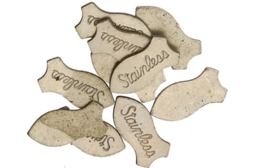 Image of Schrade Schrade Shield, Fish Design, Nickel Silver Finish, 1/2in Overall, Smooth On One Side, Schrade Cursive Lettering On Other Side, Package Of 10, S422