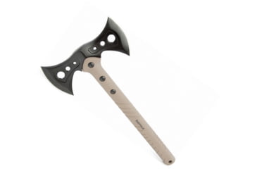 Image of Sheffield Side Winder Double Head Axe, 15.75in Overall, 6.75in Black 420 SS Axe Head With 3.5in Cutting Edge, Tan Nylon Handle, Black Nylon Belt Sheath, Tan, 12179