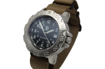 Image of Smith&amp;Bradley Ltd. Sans-13 Stainless Steel 42mm Watch, Black-Silver Face/Coyote Tan NATO Band Sans-stainless-CTNATO