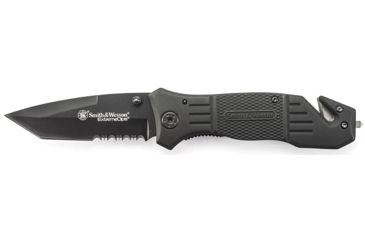Image of Smith &amp; Wesson 1st Response Liner Lock Folding Knife, 3.3 in, 7Cr17MoV High Carbon Stainless Steel Blade, Drop Point Serrated Blade, Black G10 Handle, SWFR2SCP