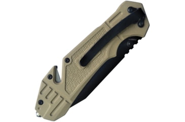 Image of Smith &amp; Wesson M&amp;P Linerlock A/O Folding Knife, 4.63in Closed, 3.25in Black Partially Serrated SS Tanto Blade, Tan Rubberized Aluminum Handle, Belt/Cord Cutter, Pocket Clip, Tan, 1100076