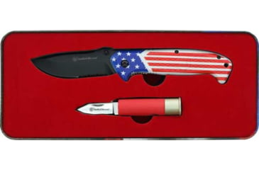 Image of Smith &amp; Wesson America's Heroes &amp; Shotshell Knife Set w/Tin, 3.25in/2in, Stainless Steel, Folding Blade, Red/White/Blue, Polymer Handle, 1189841
