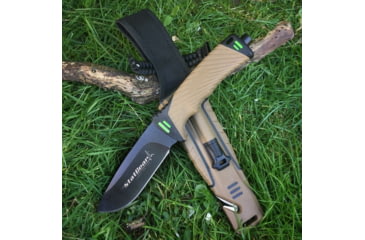 Image of StatGear Surviv-All Outdoor Camping Knife w/ Firestarter &amp; Sharpening Stone, 4.25in, 440 Stainless Steel, Full Tang, Rubber, Brown, 99416