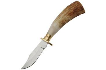 Image of Steel Stag Mini Hunter Stag Knife, 5 1/2in Overall, 2 1/4in SS Clip Point Blade, Stag Bone Handles With Brass Guard, Brown Leather Sheath, SS7024
