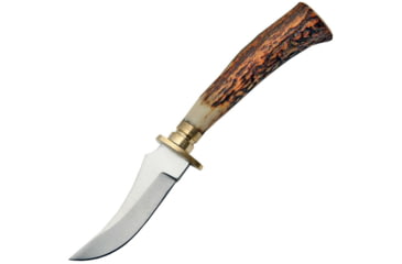 Image of Steel Stag Mini Hunter Stag Knife, 5 1/2in Overall, 2 1/4in SS Skinner Blade, Stag Bone Handles With Brass Guard, Brown Leather Sheath, SS7025
