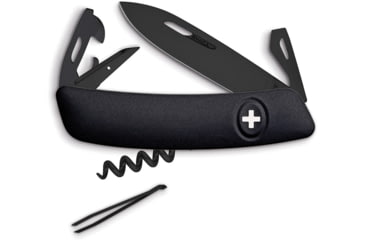Image of Swiza D03 Swiss Button Lock Folding Knife, 3.75in Closed, 2.75in Black Ptfe Coated 440 SS Blade, Black Rubberized Handle, Thumb Pull, KNI.0033.1010