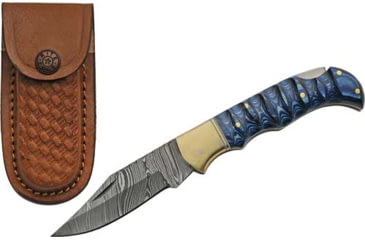 Image of Rite Edge Damascus Lockback w/Sheath Fixed Blade Knife, 3in, Damascus, Blue Wood, DM1303BL