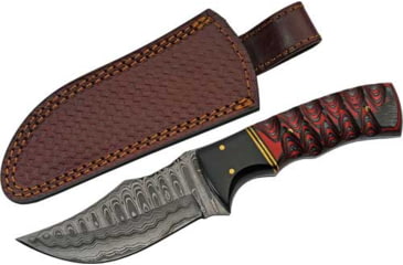 Image of Rite Edge Buffalo Horn/Twisted w/Sheath Fixed Blade Knife, 4in, Damascus, Red/Black Wood, DM1288