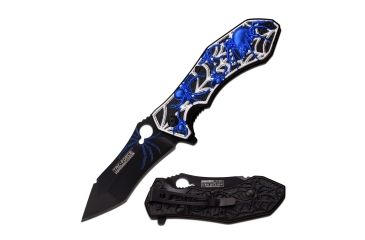 Image of TAC Force Folding Blade, 3.5in, Stainless Steel Blade, Black Background W/Blue Spider &amp; Silver Web Aluminum Handle, TF-898BL