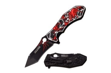 Image of TAC Force Folding Blade, 3.5in, Stainless Steel Blade, Black Background W/Red Spider &amp; Silver Web Aluminum Handle, TF-898BR