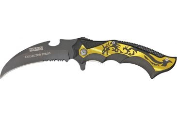 Image of Tac Force Guthook Linerlock Fold Knife, black coated HC SS PS blade, Black handles with gold dragon cutout TF718GDR
