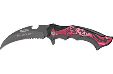 Image of Tac Force Guthook Linerlock Fold Knife, black coated HC SS PS blade, Black handles with red dragon cutout TF718RDR