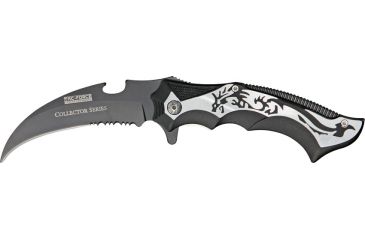 Image of Tac Force Guthook Linerlock Fold Knife, black coated HC SS PS blade, Black handles with silver dragon cutout. TF718SDR