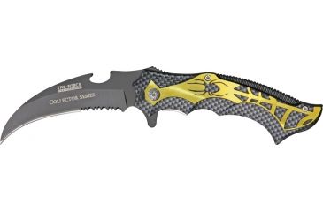 Image of Tac Force Guthook Linerlock Fold Knife, black coated HC SS PS blade, Carbon fiber finish handles with gold spider and w TF718GDSP
