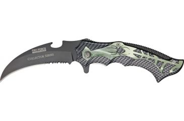 Image of Tac Force Guthook Linerlock Fold Knife, black coated HC SS PS blade, Carbon fiber finish handles with green spider and  TF718GNSP