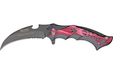 Image of Tac Force Guthook Linerlock Fold Knife, black coated HC SS PS blade, Carbon fiber finish handles with red spider and we TF718RSP