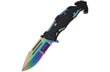 Image of TAC Force Linerlock A/O Folding Knife, 4.75in Closed, 3.5in Spectrum Finish Partially Serrated SS Drop Point, Black Grooved Aluminum Handle, Thumb Stud, Pocket Clip, Belt/Cord Cutter, TF-932RB