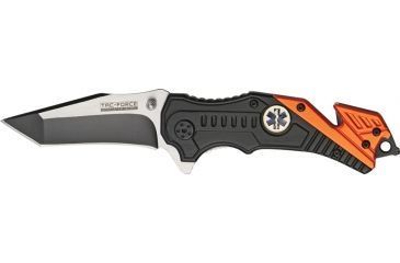 Image of Tac Force Rescue EMT A/O Fold Knife, partially black SS A/O modified tanto blade, Black Alum. handles w/ orange trim TF640EMT