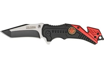 Image of Tac Force Rescue Fire Dept A/O Fold Knife, partially black SS A/O modified tanto blade, Black Alum. handles w/ red trim TF640FD