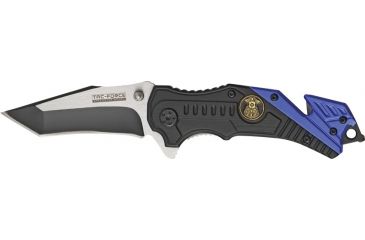 Image of Tac Force Rescue Police A/O Fold Knife, partially black SS A/O modified tanto blade, Black Alum. handles w/ blue trim TF640PD