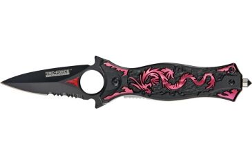 Image of Tac Force Small Speed Fold Knife, black HC SS A/O Dagger, pink anodized laser CO of dragon handle TF707RDS