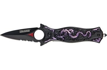 Image of Tac Force Small Speed Fold Knife, black HC SS A/O Dagger, purple anodized laser CO of dragon handle TF707PES