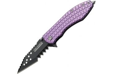 Image of Tac Force Speed Assist Shark Fold Knife 4.25in., SS A/O blade w/ large tooth serration, Black blade. Purple handle TF729PUS
