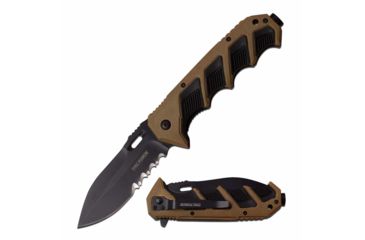 Image of TAC Force TF-942BT Spring Assisted Knife, 3.75in, 3CR13 Stainless Steel, Spear Point, Half-Serrated, Black Blade, Rubber/Plastic Handle, Black/Tan, TF-942BT
