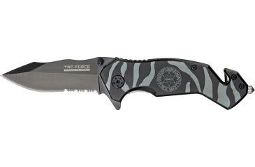 Image of Tac Force Zebra Stripe Rescue Fold Knife, black HC SS A/O PS blade, Black and gun metal gray stripes on handle TF714SH