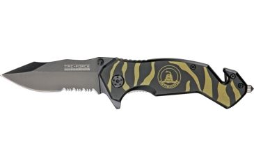 Image of Tac Force Zebra Stripe Rescue Fold Knife, black HC SS A/O PS blade, Black and OD green zebra stripes on handle TF714BT