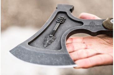 Image of Tops Knives Hammer Hawk Tomahawk Ax, 4.5 in Acid Rain 1075 RC 56-58 Blade, Green Canvas Micarta Handle, HAMH-03