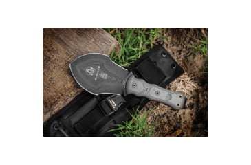 Image of TOPS Knives Tracker Digger Knife, 10.5in Overall, 4.75in Black Traction Coated Double Edge 1095Hc Steel Blade, Black Linen Micarta Handle, Black Nylon Molle Compatible Sheath, TBT-DIG