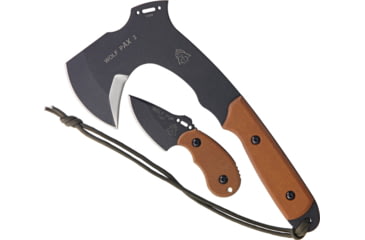 Image of TOPS Knives Wolf Pax 2 Combo Knife, 10 1/8in Overall, 4 7/8in Axe Head, Black Traction Coated 1095 High Carbon Steel, Tan Canvas Micarta Handles, OD Green Nylon Cord Lanyard, WPAX02