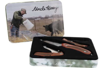 Image of Uncle Henry Pakka Wood 3 Piece Knife Set w/Gift Tin, 3.5in/3in, Stainless Steel, Folding/Fixed Blade, Brown, Pakka Wood Handle, 1183285