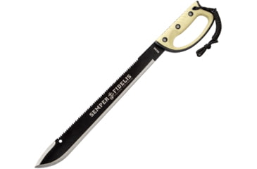 Image of United Cutlery Semper Fi Sawback Machete Knife, 17.5 black coated sawback stainless blade, Tan TPR handle, UC3191