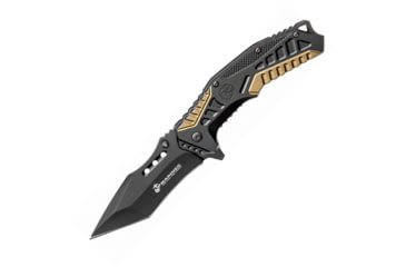 Image of United Cutlery USMC Linerlock A/O Folding Knife, 4.75in Closed, 3.5in Black SS Tanto Blade, Black/Tan Aluminum Handle, Thumb Stud, Pocket Clip, UC3350