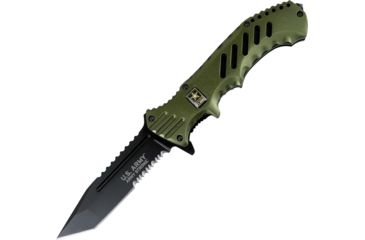 Image of US Army Linerlock Green Handles A/O Folding Knife,4in,Stainless Steel,Partially Serrated,Tanto,Green,Aluminum Handle USAA1020TG