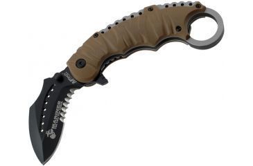 Image of USMC K-Fighter Karambit A/O Brown Handle Fold Knife, Black Partially SE USMA1019BT