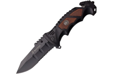 Image of USMC Linerlock A/O Folding Knife, 5.25in Closed, 4in Black Partially Serrated SS Drop Point, Black Aluminum Handle Brown Checked Pakkawood Handle Inserts, M-A1048BW