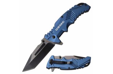 Image of USMC M-A1058BL Spring Assisted Knife, 3.5in, 3CR13 Stainless Steel, Tanto, Black/Steel Blade, Aluminum Handle, Blue, M-A1058BL