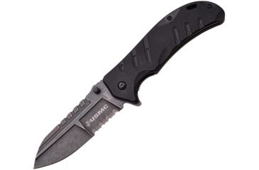 Image of USMC Marines Raider A/O Stonewash Folding Knife,4in,Stainless Steel,Partially Serrated,Stonewash,Black,G10 Handle USMA1042BSW