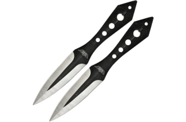 Image of UZI Throwing Knife Set, Two 8in Overall, 3 1/2in Two-Tone Black Double Edge Blade, Black SS Handle, Black Nylon Sheath, UZK-TRW-TZP