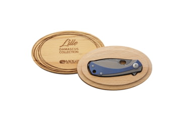 Image of Viper Lille Framelock Folding Knife, 3.63in Closed, 2.5in Damascus Steel Blade, Blue Anodized Titanium Handle With Damascus Steel Onlay, Thumb Pull, Pocket Clip, VA5964TIBL