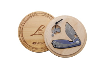 Image of Viper Lille Framelock Folding Knife, 3.63in Closed, 2.5in Damascus Steel Blade, Sculpted Titanium Handle With Blue Anodized Titanium Onlay, Wooden Gift Box, VA5964BL