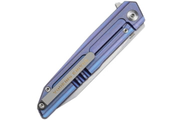Image of Vouking Knives Samgun Framelock Folding Knife, 4.25in Closed, 3.5in Stonewash 12C27 Sandvik SS Drop Point, Blue Anodized Titanium Handle, Pocket Clip, TS05BLU