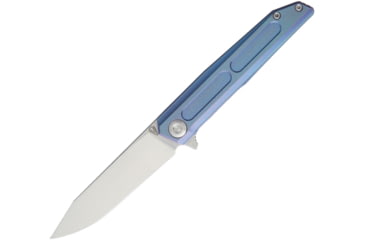 Image of Vouking Knives Samgun Framelock Folding Knife, 4.25in Closed, 3.5in Stonewash 12C27 Sandvik SS Drop Point, Blue Anodized Titanium Handle, Pocket Clip, TS05BLU