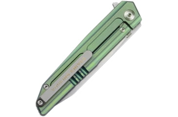 Image of Vouking Knives Samgun Framelock Folding Knife, 4.25in Closed, 3.5in Stonewash 12C27 Sandvik SS Drop Point, Green Anodized Titanium Handle, Pocket Clip, TS05GRN