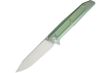 Image of Vouking Knives Samgun Framelock Folding Knife, 4.25in Closed, 3.5in Stonewash 12C27 Sandvik SS Drop Point, Green Anodized Titanium Handle, Pocket Clip, TS05GRN